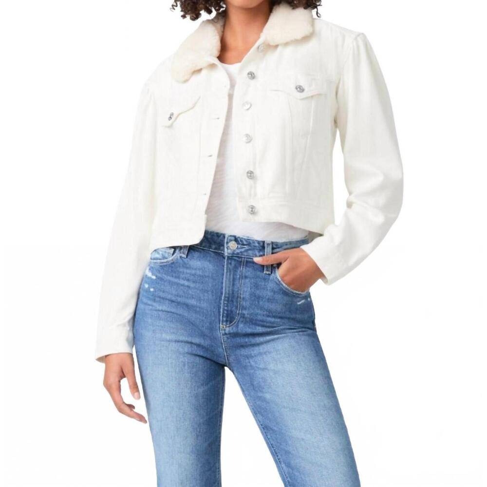 PAIGE Off White Denim Jacket Faux Shearling Collar Cropped Trucker Ivory Medium